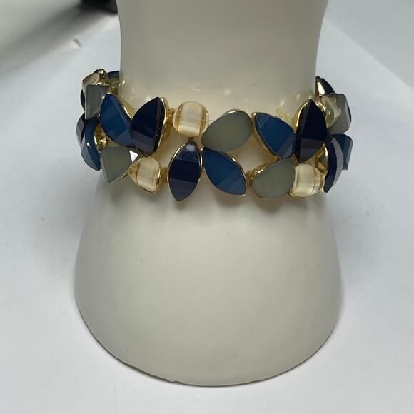gold tone bracelet faux jewels in teals blue green costume jewelry - Picture 2 of 11